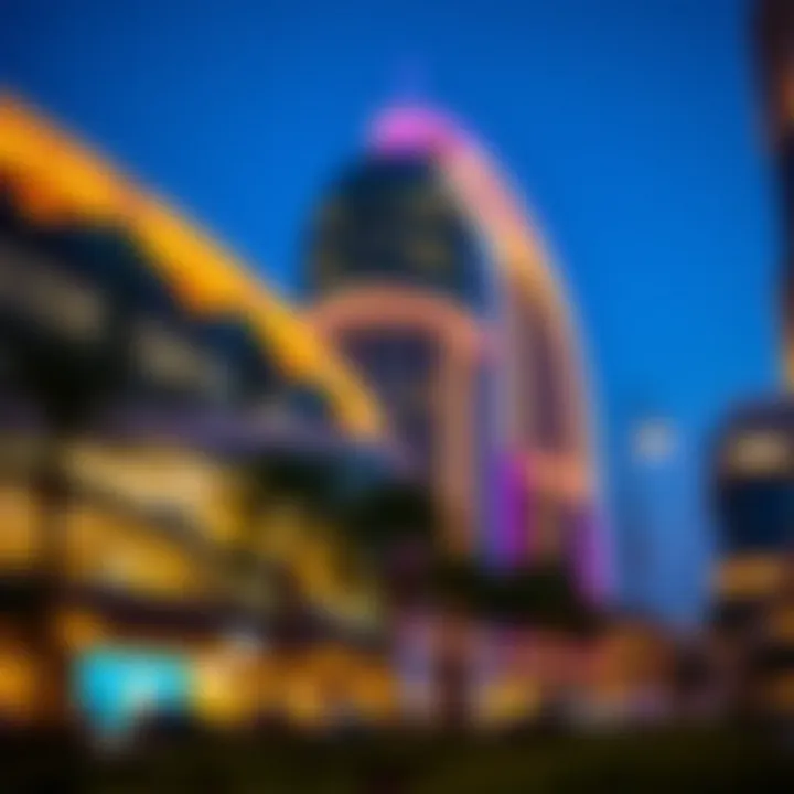 Evening view of the Dubai Hilton Walk lit up with vibrant lights