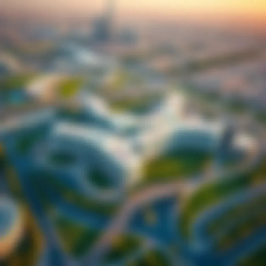 Aerial view of Dubai Investments Park showcasing modern architecture and landscape.