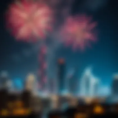 Celebratory fireworks lighting up the Dubai skyline during National Day