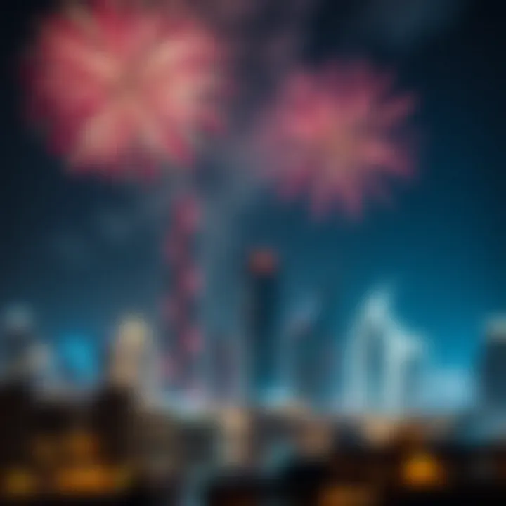 Celebratory fireworks lighting up the Dubai skyline during National Day