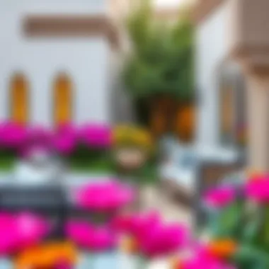 Contemporary Elegance: Stylish Furniture Amidst Vibrant Flowers Contemporary backyard with stylish furniture and vibrant flowers
