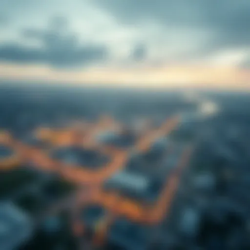 Aerial view of a modern production city with industrial zones and urban areas